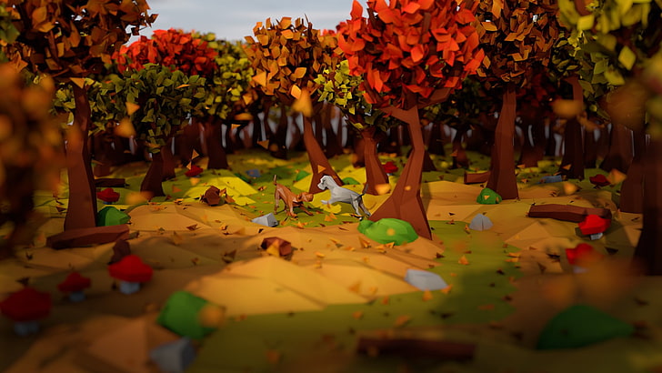 red leaf trees near animals cartoon illustration, artwork, digital art