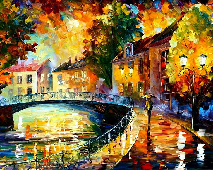 multicolored painting of houses and bridge, the city, rain, watercolor, HD wallpaper