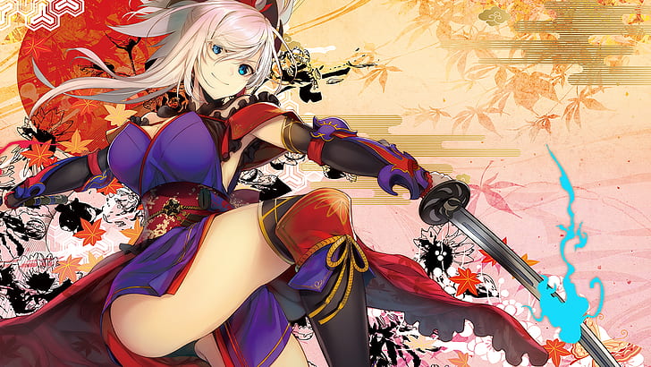 blonde, stockings, white hair, sword, Miyamoto Musashi (fategrand order), HD wallpaper