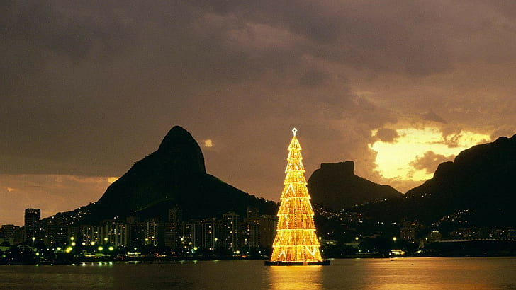 Rio de Janeiro, Brazil, Christmas Tree, bay, sunset, landscape, HD wallpaper
