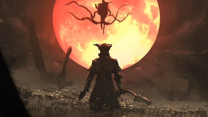 Red, Sony, PS4, Bloodborne, Moon Presence, HD wallpaper