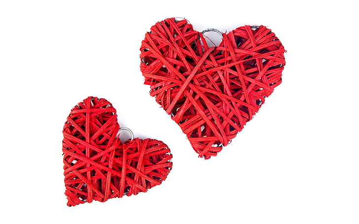 two heart-shaped red accessories, love, white background, heart shape, HD wallpaper