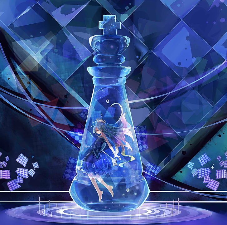 female anime character in blue glass chess king piece digital wallpaper