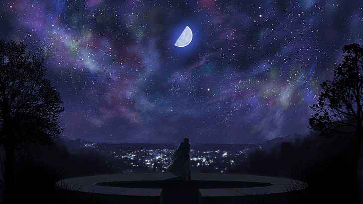 white cape, anime, sky, Moon, clouds, city, night, astronomy, HD wallpaper