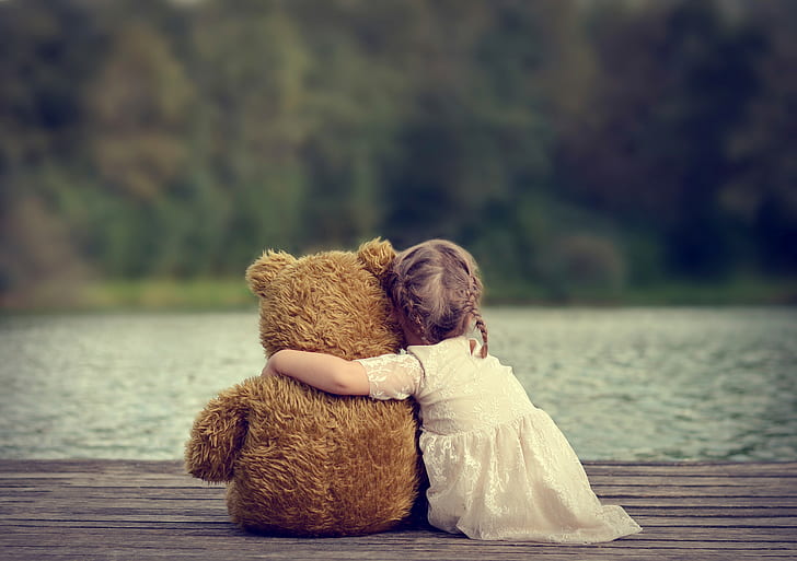HD wallpaper: Girl and teddy bear, girl's beige lace dress; brown teddy ...