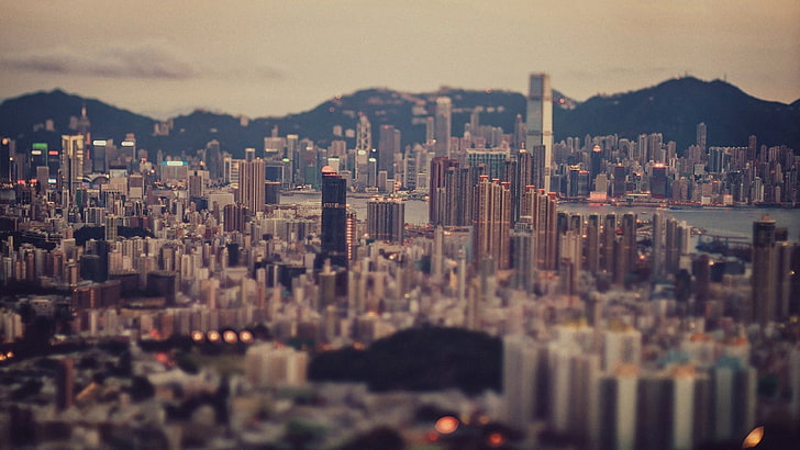 high-rise buildings, city, Hong Kong, tilt shift, cityscape, skycrapers