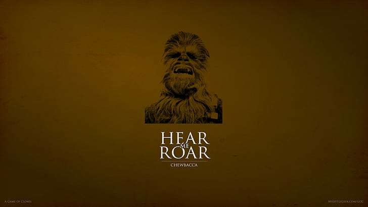 Chewbacca illustration with text overlay, Star Wars, artwork
