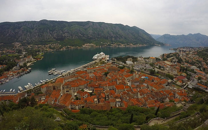 Kotor (town), Montenegro, city, sea, river, cliff, ship, cruise ship