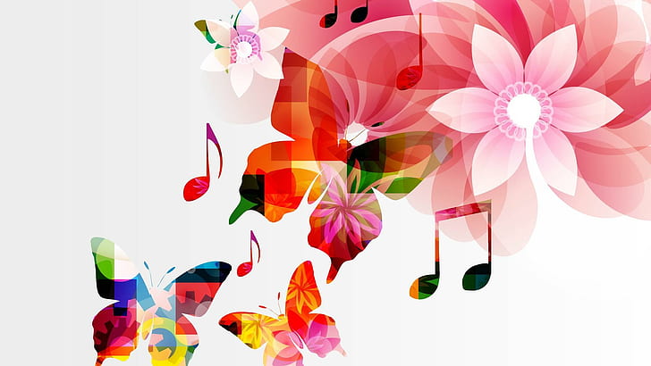 Melody Of Butterflies, music notes with flower illustration, bright, HD wallpaper