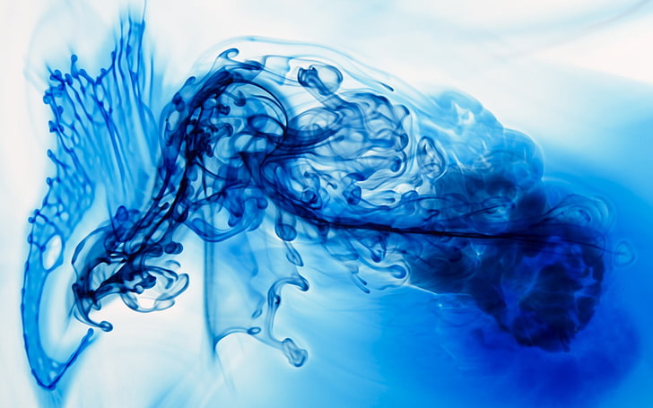 blue and white floral textile, paint in water, ink, abstract, HD wallpaper