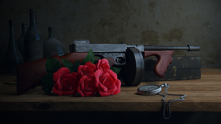 gun, machine gun, old, photography, pocket watch, bunch of roses