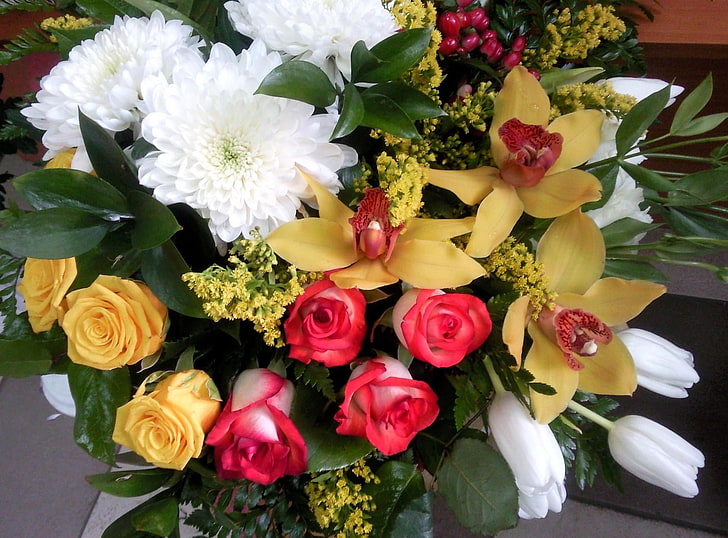 white tulip, red and yellow rose, and white petaled flowers, roses