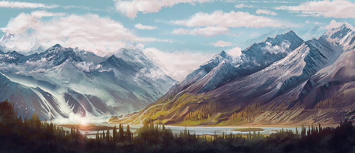 landscape painting of mountain, digital art, mountains, forest
