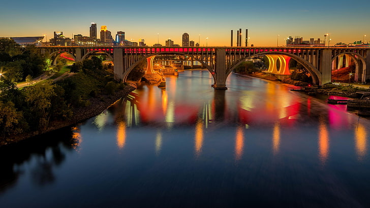 skyline, i-35w bridge, mississippi, mississippi river, reflection, HD wallpaper