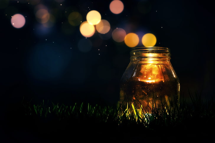 clear glass jar, greens, grass, light, background, Wallpaper