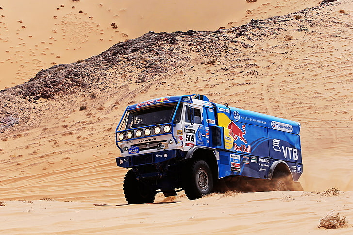 sand, Blue, Machine, Truck, Red Bull, Rally, KAMAZ, Dakar, Dune, HD wallpaper