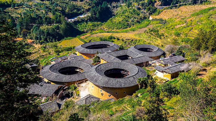 round houses, round earth buildings, fujian tulou cluster, nanjing