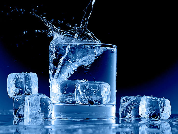 Icy blue, glass cup, water, ice cubes, splash