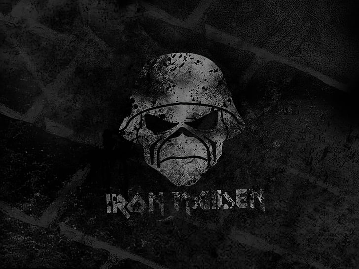 Iron Maiden logo, skull, music, Eddie, spooky, high angle view