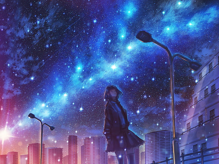 Anime Girl Night Sky Wallpaper gambar ke 14