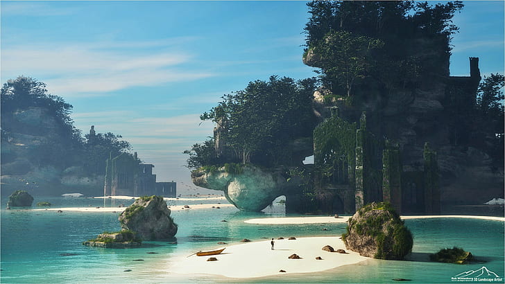 Islands, vegetation, boat, pond, Ode To Carel Willink part2 (The Story Continues), HD wallpaper