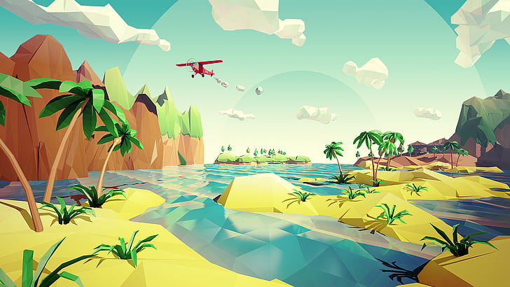 Polygon Art Airplane Plane Tropical Trees Palm Trees HD, digital/artwork