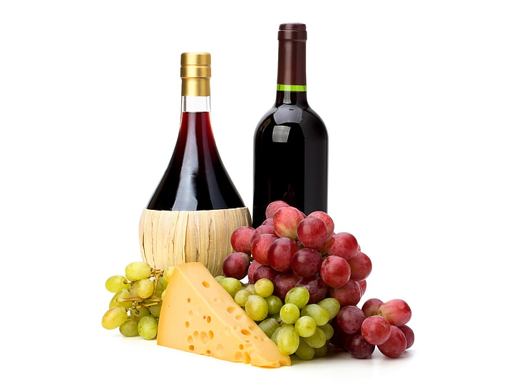 grapes, cheese and wine bottles, red, HD wallpaper