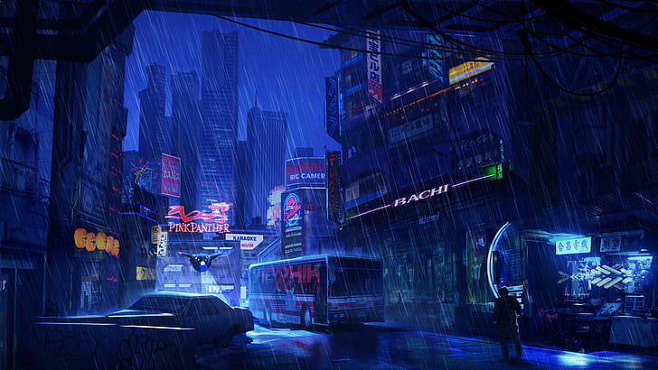 HD wallpaper: artwork, futuristic, futuristic city, night, rain, dark, blue  | Wallpaper Flare