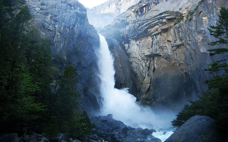 green tree, waterfall, mountains, nature, Yosemite National Park, HD wallpaper