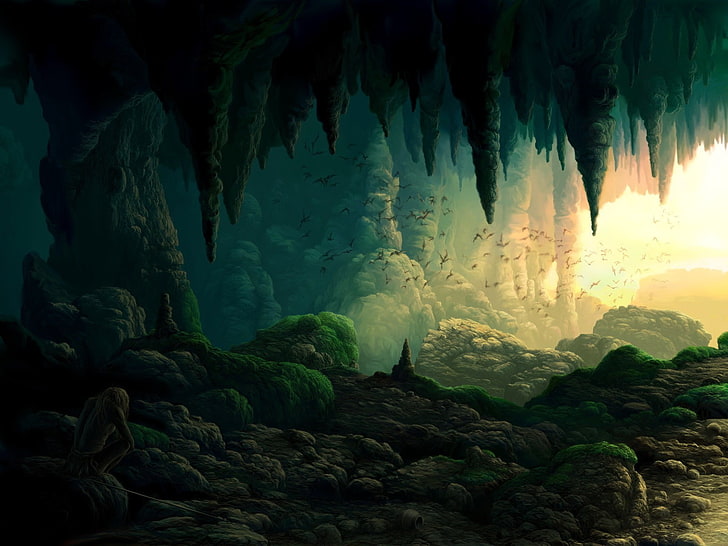 cave stalactite digital wallpaper, figure, people, spear, nature
