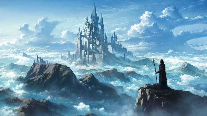 sky, castle, wanderer, fantasy landscape, fantasy art, mountain