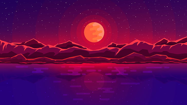 moon, abstract, art, red sky, fantasy landscape, night, moonlight, HD wallpaper