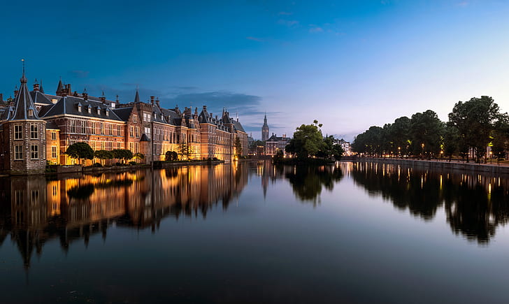 trees, lake, pond, reflection, building, Netherlands, The Hague