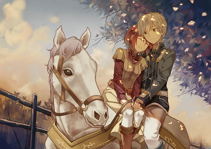 female and male anime characters riding white horse digital wallpaper
