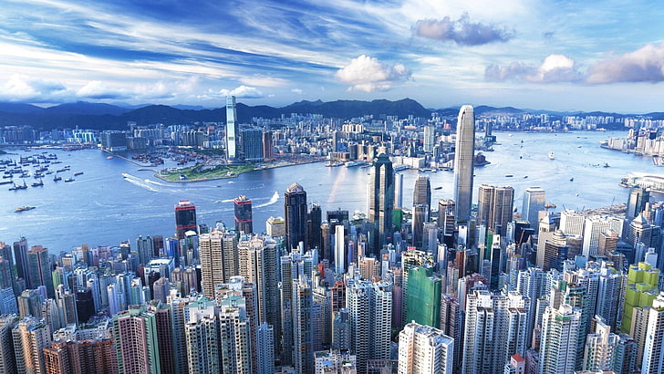 city buildings and body of water digital wallpaper, Hong Kong