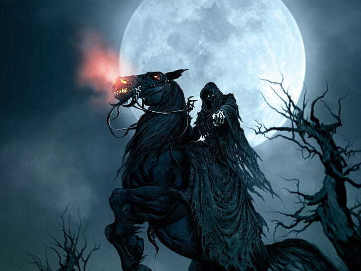 Death Grim Reaper Dark Horse Moon Halloween HD, fantasy