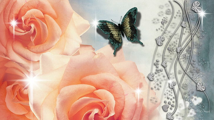 Roses Silver Hearts, firefox persona, stars, butterfly, flowers, HD wallpaper