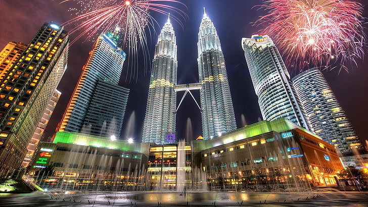cityscape, building, HDR, lights, Petronas Towers, Twin Tower, HD wallpaper
