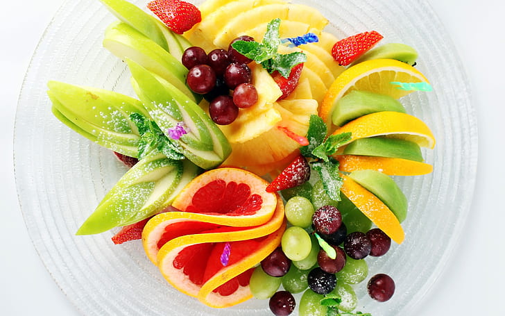 Fruit salad, strawberry, pineapple, kiwi, lemon, apple, grapes, HD wallpaper