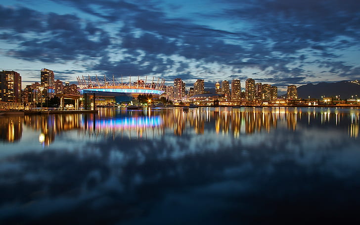 Vancouver, Canada, city, night, lights, skyscrapers, buildings