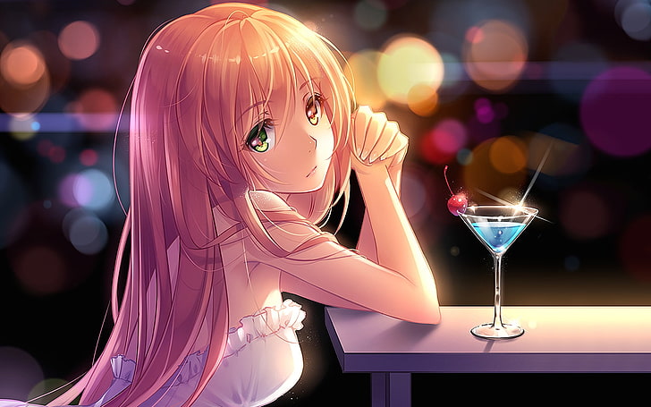 female anime character digital wallpaper, manga, alcohol, one person