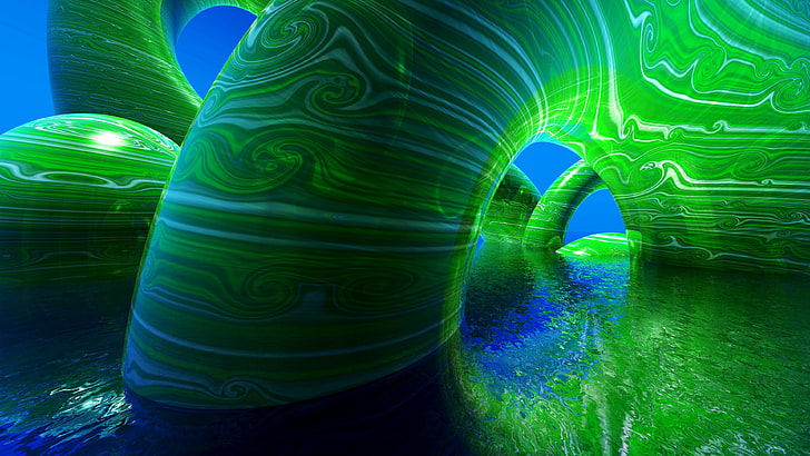 green and blue abstract painting, CGI, water, green color, motion, HD wallpaper