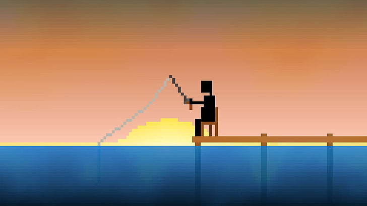 man sitting on chair while fishing minecraft sketch, artwork, HD wallpaper