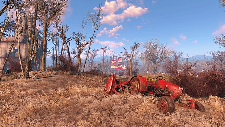 red tractor illustration, Fallout 4, video games, tree, plant