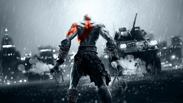 Kratos from God of War illustration, city, China, red, sword, HD wallpaper