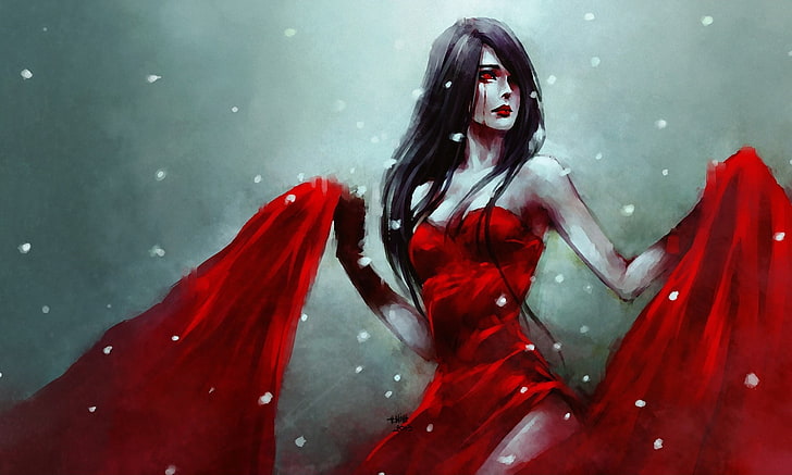 artwork, NanFe, red dress, women, brunette, fantasy art, winter