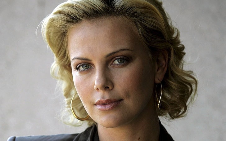 Actresses, Charlize Theron, Blonde, Earrings, Face, Green Eyes