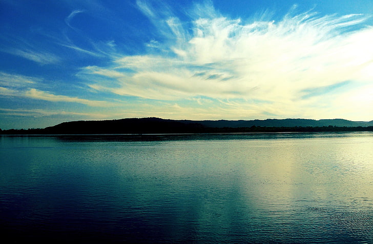 body of water and mountain, blue, clouds, landscape, lake, sky