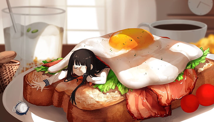 sandwich girl, sleepy, meat, Anime, food and drink, still life