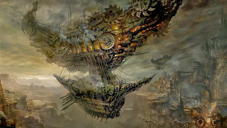 steampunk, fantasy city, fantasy art, airships, HD wallpaper